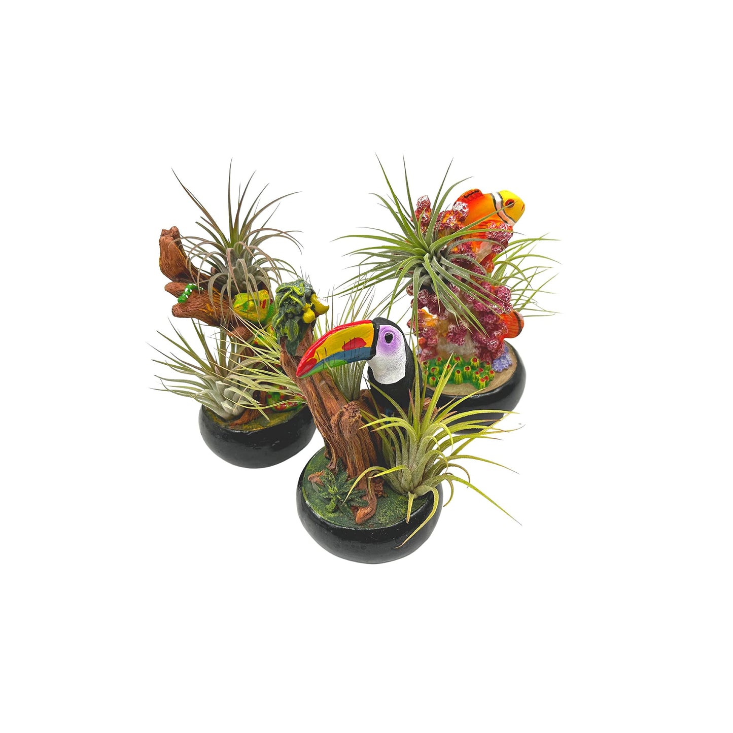 Resin Tropical Animal Air Plant Sculpture Tillandsia Planted in Hand Made Art Assorted Set of 3